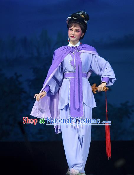 Chinese Shaoxing Opera Wudan Purple Dress Garment and Hair Accessories Yue Opera Zhuang Yuan Da Geng Martial Female Liu Chanjin Apparels Costumes