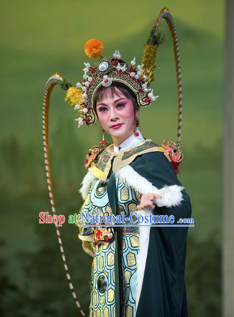 Chinese Shaoxing Opera Blues Dress Garment and Headpieces Yue Opera Zhuang Yuan Da Geng Martial Female Liu Chanjin Apparels Tao Ma Tan Armor Costumes