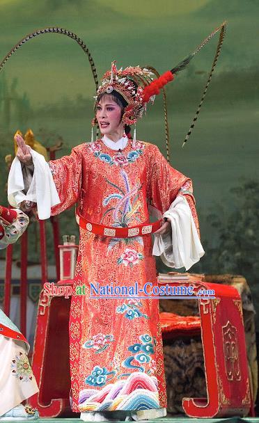 Chinese Shaoxing Opera Actress Red Dress Garment and Headpieces Yue Opera Tao Ma Tan Zhuang Yuan Da Geng Martial Female Liu Chanjin Apparels Costumes