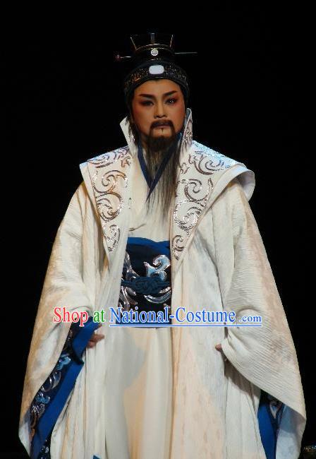 Chinese Yue Opera Elderly Male White Embroidered Robe Yu Beauty Laosheng Apparels Costumes and Headwear Shaoxing Opera Official Zhang Liang Garment