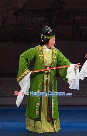 Chinese Shaoxing Opera Rich Dame Green Dress Apparels and Headpieces Tao Li Mei Yue Opera Laodan Elderly Female Garment Costumes