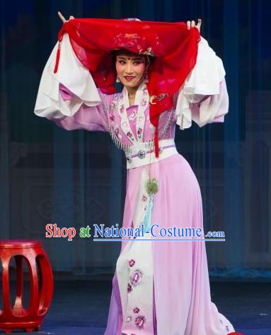 Chinese Shaoxing Opera Rich Female Yuan Yuli Lilac Dress Costumes and Headwear Tao Li Mei Yue Opera Huadan Female Role Garment Apparels