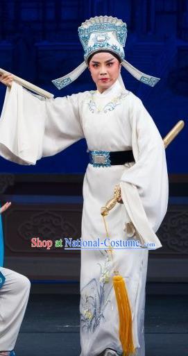 Li Mei Yue Chinese Yue Opera Young Man Scholar White Robe Apparels Costumes and Headwear Shaoxing Opera Xiaosheng Hong Xueqin Garment