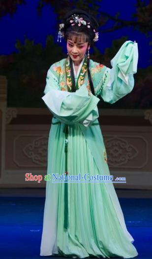 Chinese Shaoxing Opera Young Lady Green Dress Costumes Garment and Headpieces Tao Li Mei Yue Opera Huadan Yuan Yumei Female Apparels