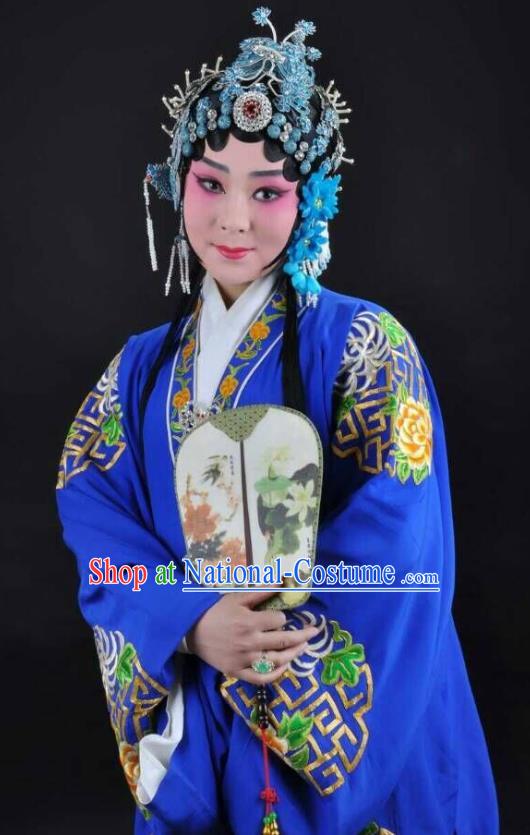 Chinese Shaoxing Opera Hua Tan Blue Cape Costumes and Headdress Tao Li Mei Yue Opera Actress Apparels Young Lady Dress Garment