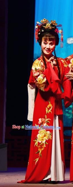 Chinese Shaoxing Opera Diva Wedding Garment and Headdress Tao Li Mei Yue Opera Hua Tan Costumes Bride Red Dress Apparels