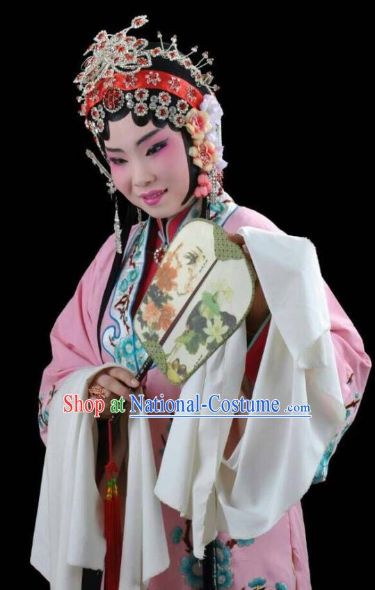 Chinese Shaoxing Opera Hua Tan Dress Costumes and Headdress Tao Li Mei Yue Opera Huadan Young Lady Garment Apparels