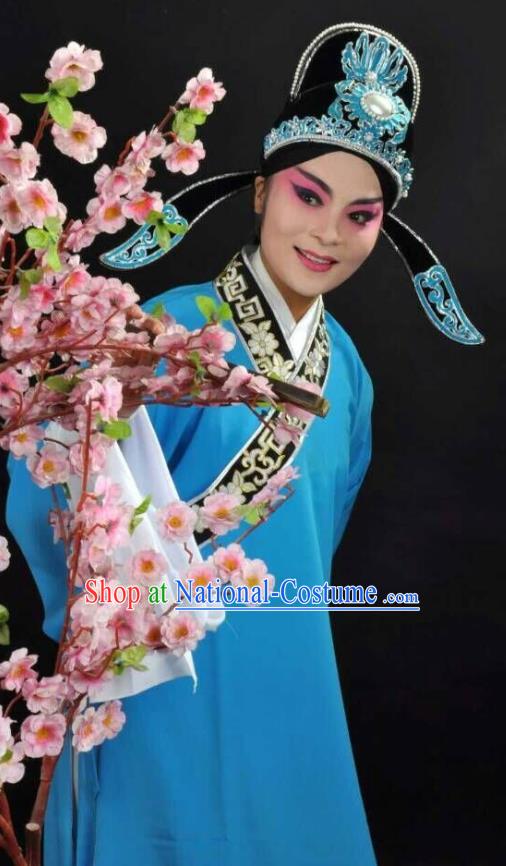 Li Mei Yue Chinese Yue Opera Young Man Blue Robe Clothing and Hat Shaoxing Opera Xiaosheng Garment Scholar Apparels Costumes