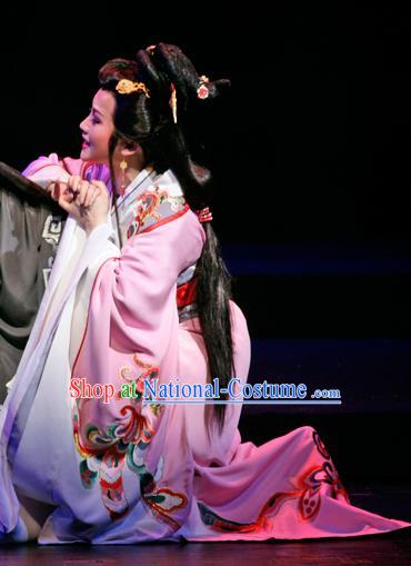 Chinese Shaoxing Opera Hua Tan Pink Dress Garment Costumes and Headpieces Han Feizi Yue Opera Actress Princess Ning Yang Apparels