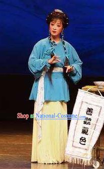 Chinese Shaoxing Opera Country Lady Wang Lanying Dress Garment and Hair Accessories He Wenxiu Yue Opera Hua Tan Costumes Young Female Apparels