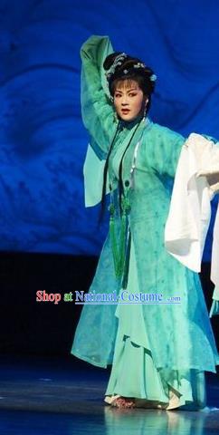 Chinese Shaoxing Opera Young Female Wang Lanying Green Dress Costumes and Headpieces He Wenxiu Yue Opera Hua Tan Garment Apparels