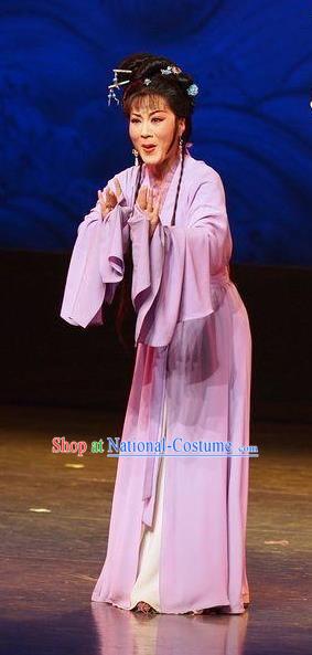 Chinese Shaoxing Opera Hua Tan Young Female Wang Lanying Purple Dress Costumes and Headpieces He Wenxiu Yue Opera Actress Garment Apparels