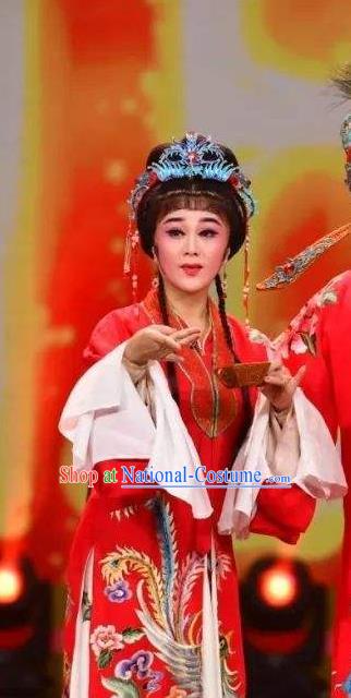 Chinese Shaoxing Opera Young Female Tang Meifen Red Dress Apparels Garment and Headdress The Number One Scholar Is Not Love Yue Opera Hua Tan Wedding Costumes