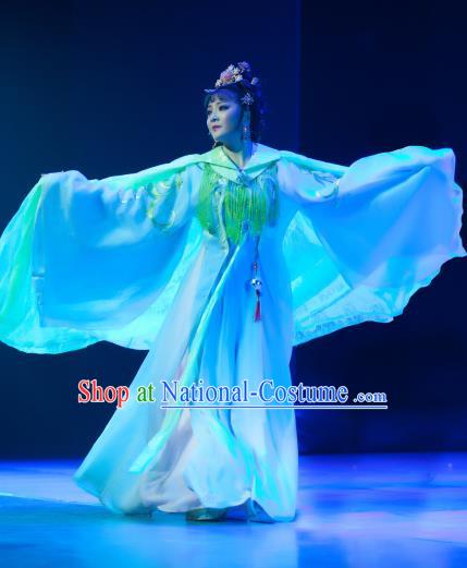 Chinese Shaoxing Opera Imperial Consort Xiang Ning Blue Dress Costumes and Headdress Butterfly Love Monk Yue Opera Hua Tan Garment Apparels