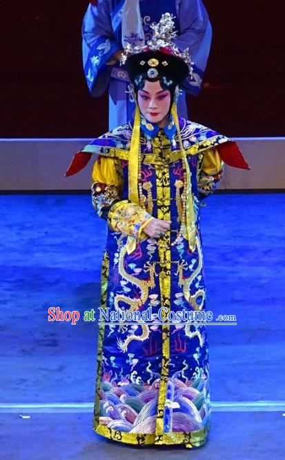 Chinese Beijing Opera Qing Dynasty Queen Mother Apparels Costumes and Headdress Nan Hai Zi Traditional Peking Opera Empress Dowager Xiaozhuang Dress Garment