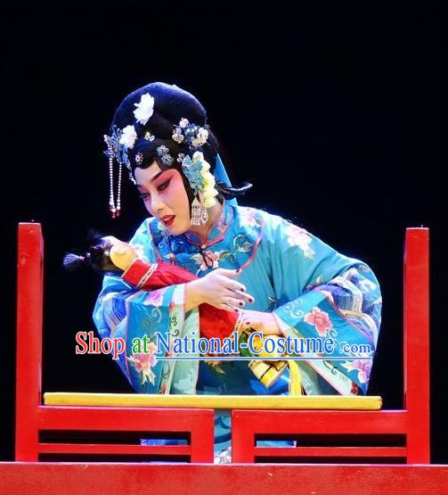 Chinese Beijing Opera Young Female Apparels Costumes and Headdress Nan Hai Zi Traditional Peking Opera Qing Dynasty Imperial Consort Blue Dress Garment