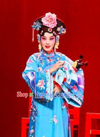 Chinese Beijing Opera Young Female Apparels Costumes and Headdress Nan Hai Zi Traditional Peking Opera Qing Dynasty Imperial Consort Blue Dress Garment