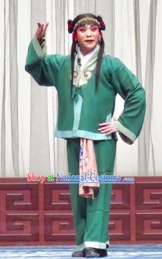 San Kan Yu Mei Chinese Ping Opera Wa Wa Sheng Costumes and Headwear Pingju Opera Livehand Green Apparels Clothing