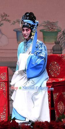 Chinese Beijing Opera Distress Maiden Zhang Shangzhu Apparels Costumes and Headdress Tell On Sargam Traditional Peking Opera Young Female Blue Dress Garment