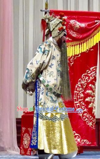 San Kan Yu Mei Chinese Ping Opera Elderly Male White Costumes and Headwear Pingju Opera Laosheng Emperor Apparels Clothing