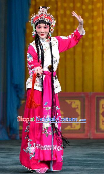 Chinese Beijing Opera Servant Girl Chun Lan Apparels Costumes and Headdress Tao Hua Cun Traditional Peking Opera Xiaodan Dress Young Lady Garment