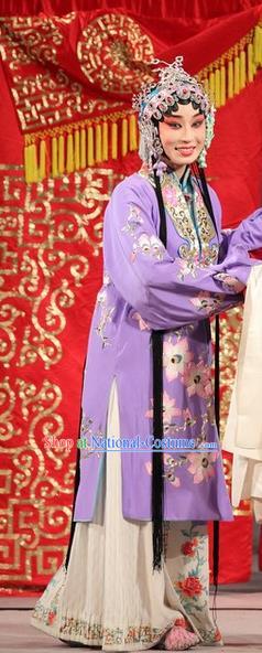 Chinese Beijing Opera Hua Tan Liu Yuyan Apparels Costumes and Headdress Tao Hua Cun Traditional Peking Opera Actress Diva Purple Dress Garment