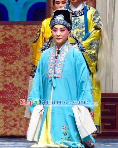 San Kan Yu Mei Chinese Ping Opera Niche Blue Costumes and Headwear Pingju Opera Young Male Apparels Scholar Feng Jiajin Clothing