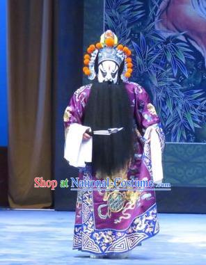 Zhou Ren Xian Sao Chinese Ping Opera Elderly Male Costumes and Headwear Pingju Opera Apparels Minister Yan Song Clothing Purple Embroidered Robe