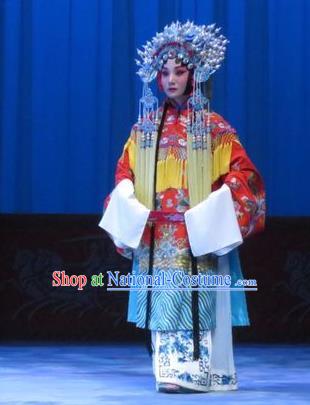 Chinese Ping Opera Hua Tan Apparels Costumes and Headdress Traditional Pingju Opera Zhou Ren Xian Sao Actress Red Dress Diva Garment