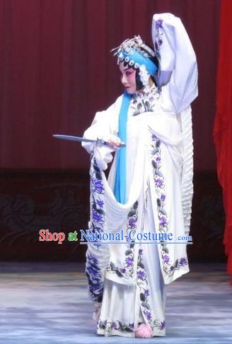 Chinese Ping Opera Diva White Apparels Costumes and Headdress Traditional Pingju Opera Zhou Ren Xian Sao Actress Distress Maiden Dress Garment