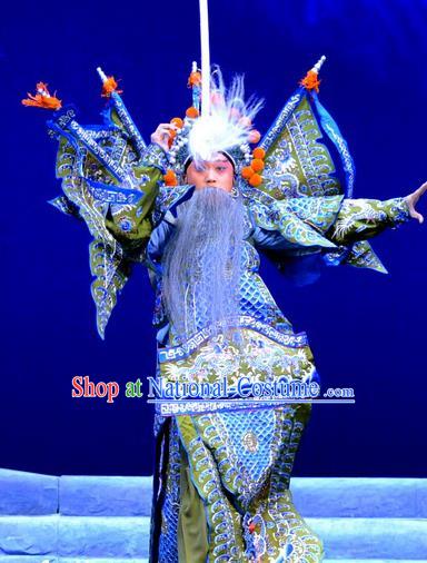 Di Qing Chinese Peking Opera Military Officer Kao Suit Garment Costumes and Headwear Beijing Opera Takefu Apparels General Yang Zongbao Armor with Flags Clothing