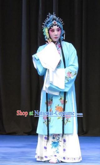 Chinese Ping Opera Hua Tan Apparels Costumes and Headdress Traditional Pingju Opera Zhou Ren Xian Sao Actress Diva Blue Dress Garment