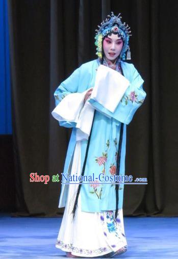 Chinese Ping Opera Hua Tan Apparels Costumes and Headdress Traditional Pingju Opera Zhou Ren Xian Sao Actress Diva Blue Dress Garment