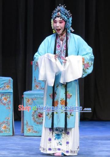 Chinese Ping Opera Hua Tan Apparels Costumes and Headdress Traditional Pingju Opera Zhou Ren Xian Sao Actress Diva Blue Dress Garment