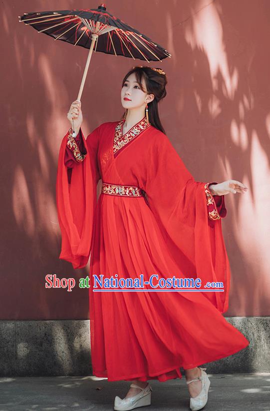 Chinese Ancient Bride Red Hanfu Dress Garment Traditional Jin Dynasty Royal Princess Wedding Historical Costumes Complete Set