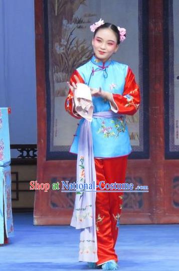 Chinese Ping Opera Maidservant Apparels Costumes and Headdress Traditional Pingju Opera Tao Li Mei Xiaodan Young Lady Dress Garment