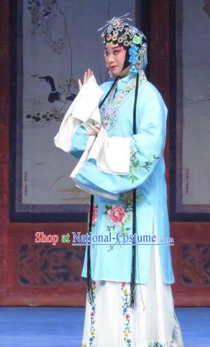 Chinese Ping Opera Actress Apparels Costumes and Headdress Traditional Pingju Opera Tao Li Mei Diva Yutao Blue Dress Garment