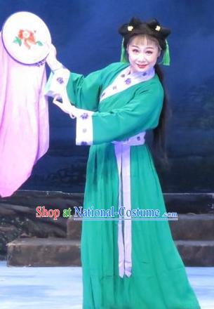 Chinese Ping Opera Young Lady Apparels Costumes and Headpieces Traditional Pingju Opera Pear Blossom Love Embroidered Female Green Dress Garment