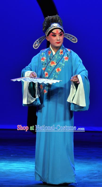 Xie Yaohuan Chinese Peking Opera Young Man Garment Costumes and Headwear Beijing Opera Scholar Apparels Clothing Niche Blue Robe