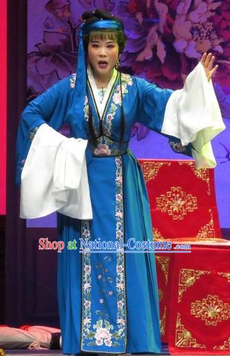 Chinese Ping Opera Tsing Yi Zhang Shangzhu Apparels Costumes and Headpieces Tell on Sargam Traditional Pingju Opera Distress Maiden Blue Dress Garment