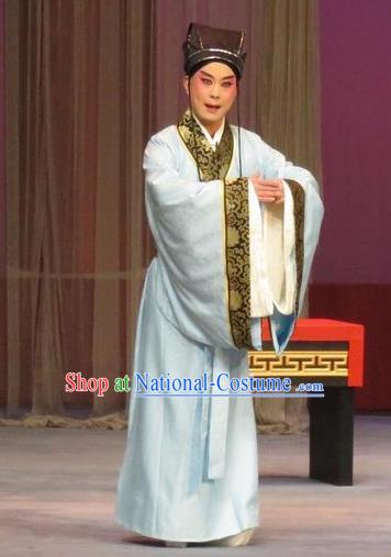 Southeast Fly the Peacocks Chinese Ping Opera Scholar Garment Costumes and Headwear Pingju Opera Xiaosheng Jiao Zhongqing Apparels Clothing