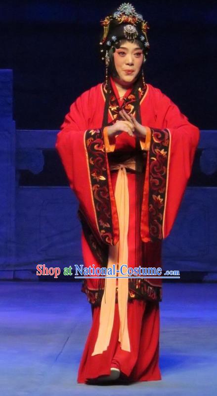 Chinese Ping Opera Bride Liu Lanzhi Apparels Costumes and Headpieces Southeast Fly the Peacocks Traditional Pingju Opera Hua Tan Red Dress Garment