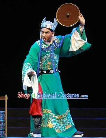 Chinese Ping Opera Apparels Palm Civet for Prince Costumes and Headwear Pingju Opera Court Eunuch Chen Lin Green Official Clothing