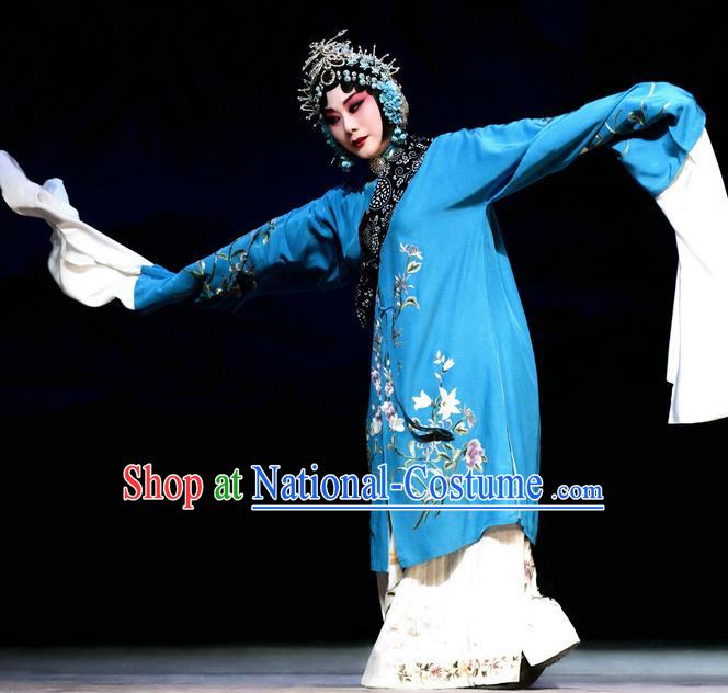 Chinese Beijing Opera Distress Maiden Apparels Hua Tan Costumes and Headdress Han Yuniang Traditional Peking Opera Diva Blue Dress Young Female Garment