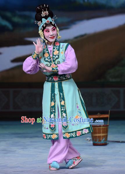 Chinese Beijing Opera Young Female Apparels Costumes and Headdress San Da Tao Sanchun Traditional Peking Opera Martial Woman Dress Garment