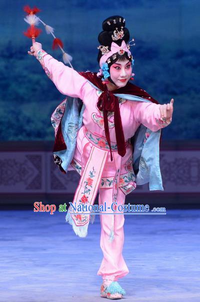 Chinese Beijing Opera Martial Female Apparels Costumes and Headdress San Da Tao Sanchun Traditional Peking Opera Wudan Dress Swordswoman Pink Garment