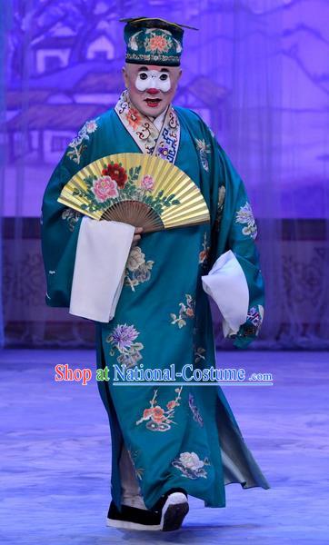 Han Yuniang Chinese Peking Opera Dude Garment Costumes and Headwear Beijing Opera Bully Apparels Clown Hu Wei Green Robe Clothing