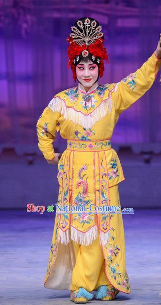 Chinese Beijing Opera Young Woman Apparels Costumes and Headdress San Da Tao Sanchun Traditional Peking Opera Martial Female Yellow Dress Garment