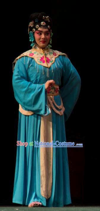 Chinese Beijing Opera Servant Girl Apparels Costumes and Headdress San Da Tao Sanchun Traditional Peking Opera Xiaodan Blue Dress Young Lady Garment