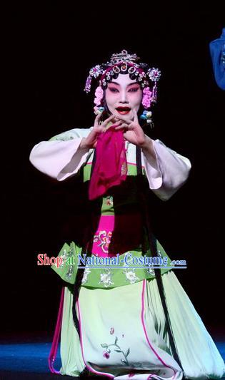 Chinese Beijing Opera Xiaodan Apparels Costumes and Headdress On A Wall and Horse Traditional Peking Opera Young Lady Dress Maidservant Garment